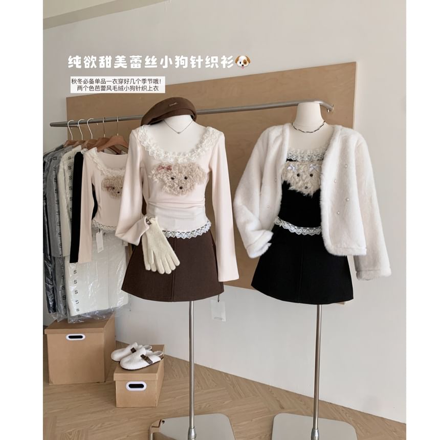 Patterned Ruffle Neck Panel Sleeve Long Scoop Cartoon Top