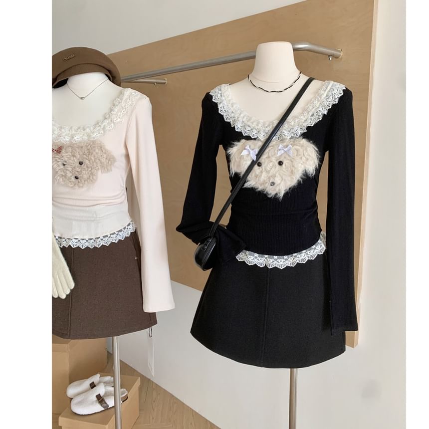 Patterned Ruffle Neck Panel Sleeve Long Scoop Cartoon Top