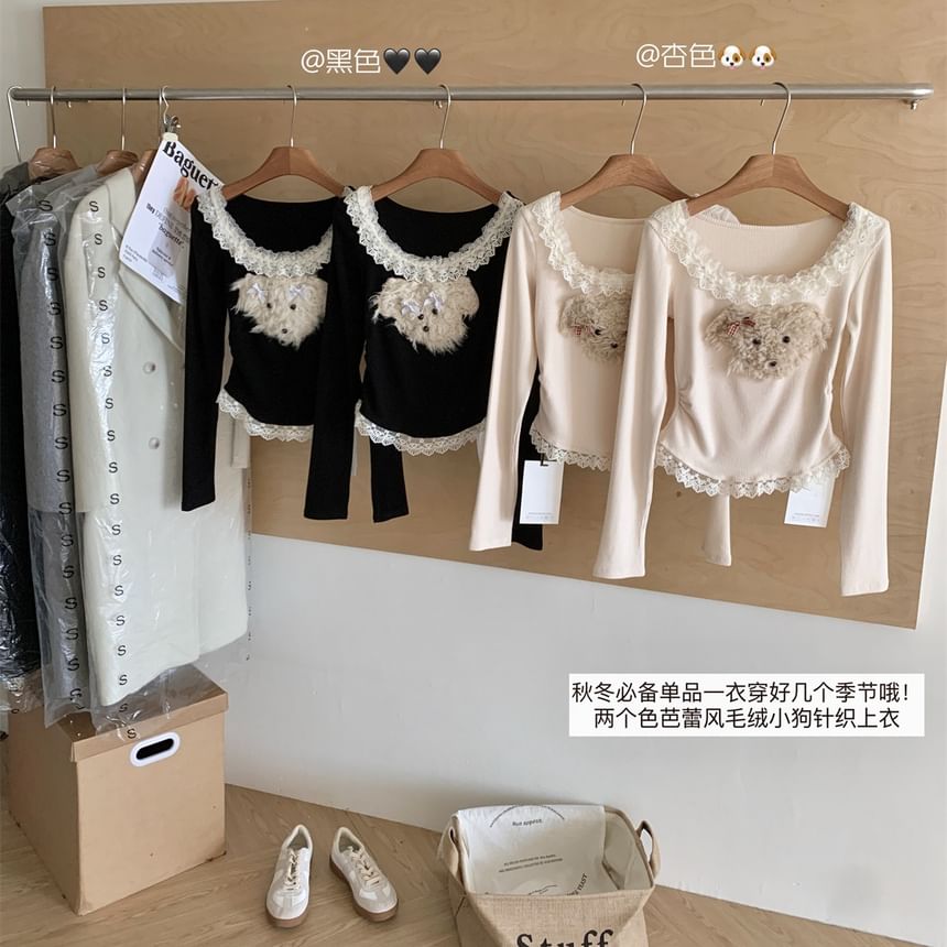 Patterned Ruffle Neck Panel Sleeve Long Scoop Cartoon Top