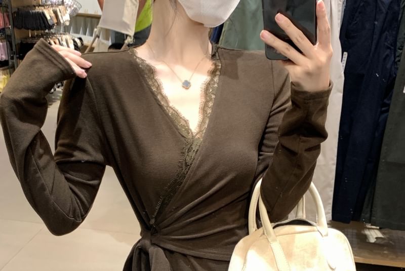 Long Sleeve V-Neck Plain Wrap Slit Maxi A-Line Dress