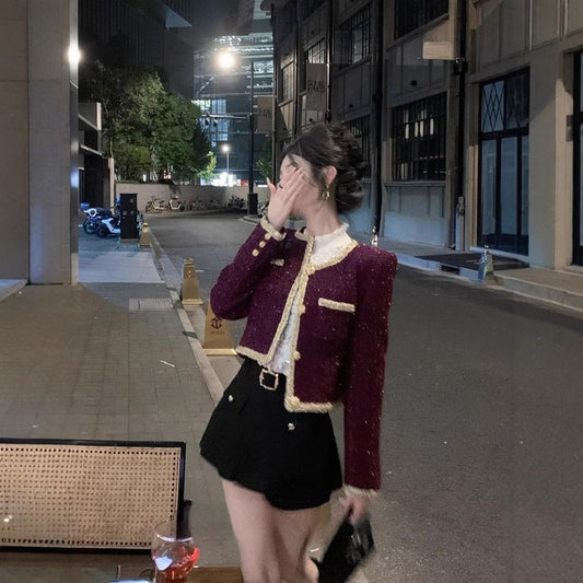 Button-Up Tweed Jacket / Spaghetti Strap Mini Bodycon Dress