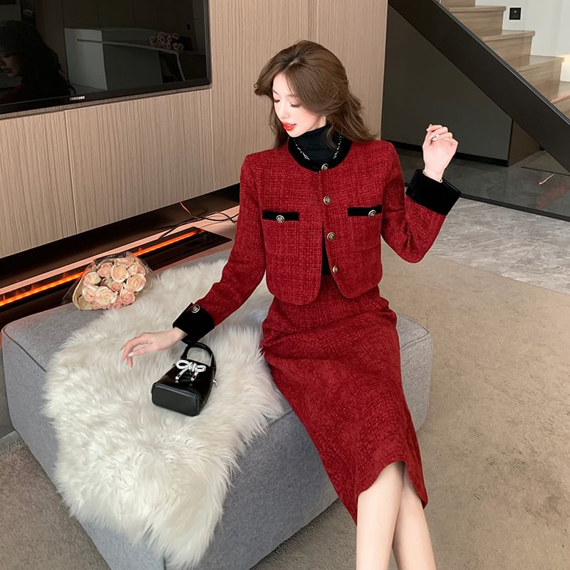 Set: Tweed Button-Up Jacket + High Waist Midi Pencil Skirt