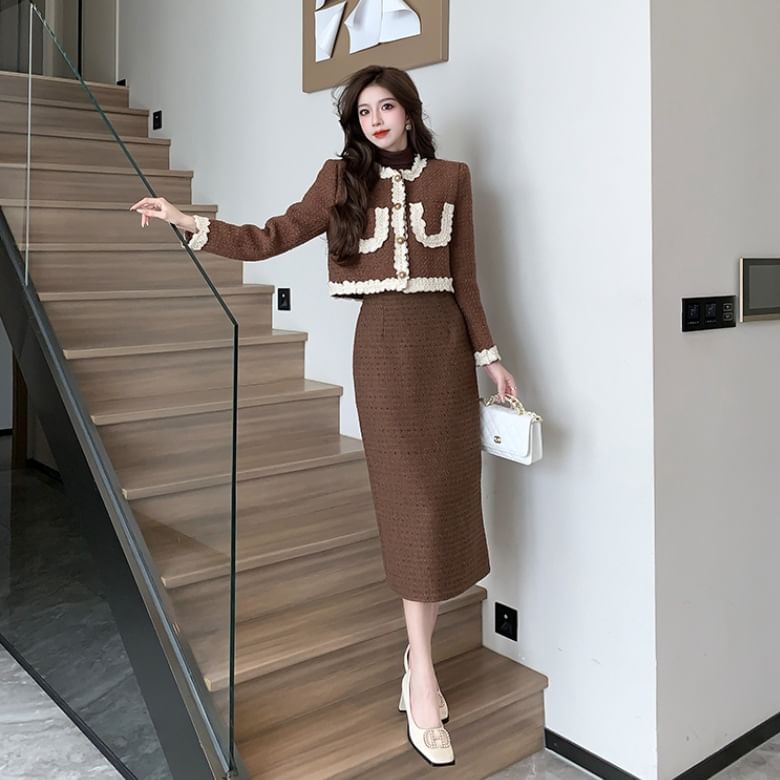 Set: Lace Trim Button-Up Jacket + High Rise Tweed Midi Pencil Skirt