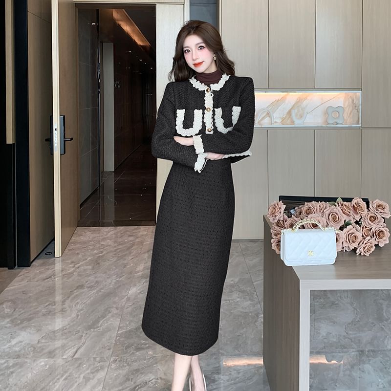 Set: Lace Trim Button-Up Jacket + High Rise Tweed Midi Pencil Skirt