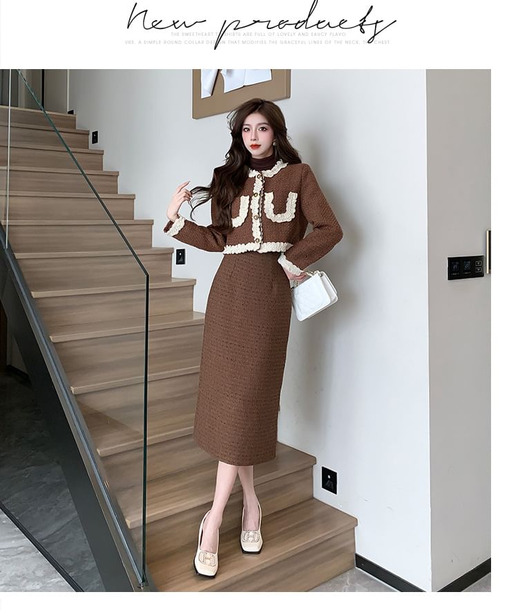 Set: Lace Trim Button-Up Jacket + High Rise Tweed Midi Pencil Skirt