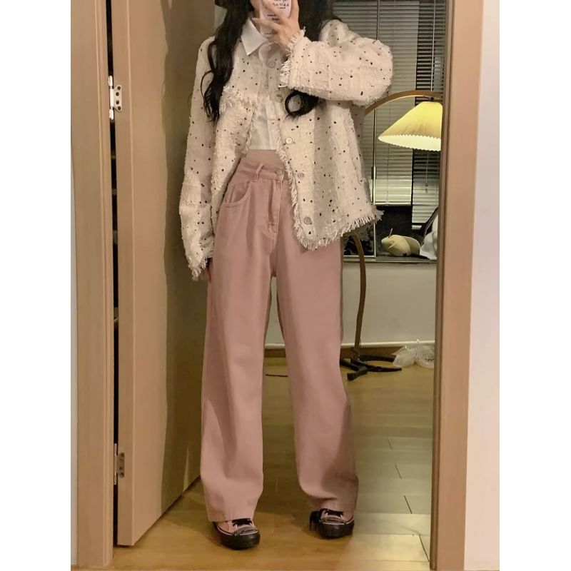 Dotted Tassel Trim Button-Up Tweed Jacket