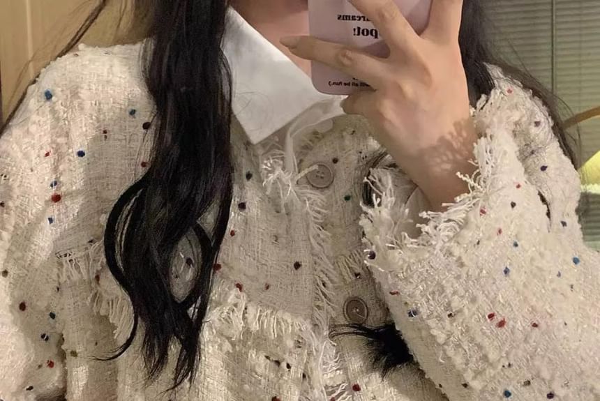 Dotted Tassel Trim Button-Up Tweed Jacket
