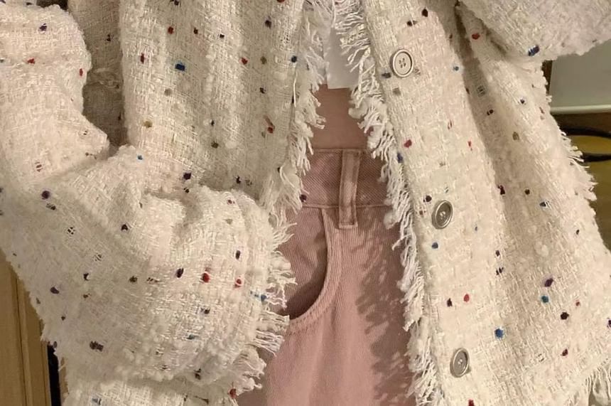 Dotted Tassel Trim Button-Up Tweed Jacket