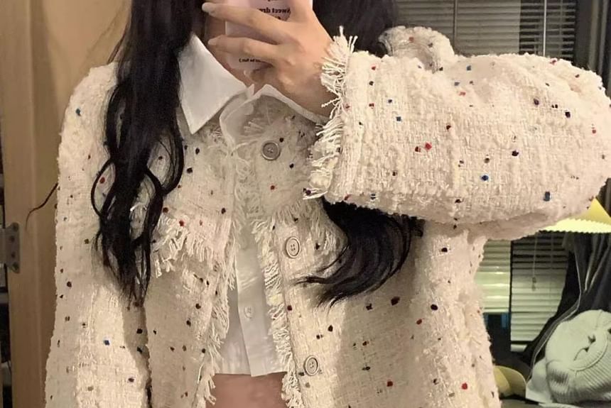 Dotted Tassel Trim Button-Up Tweed Jacket