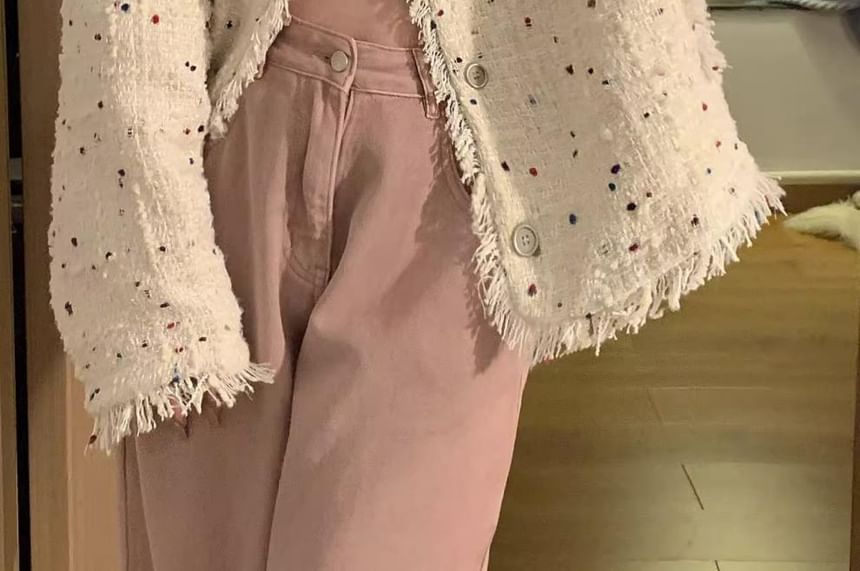 Dotted Tassel Trim Button-Up Tweed Jacket