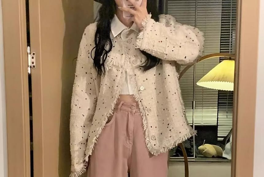Dotted Tassel Trim Button-Up Tweed Jacket