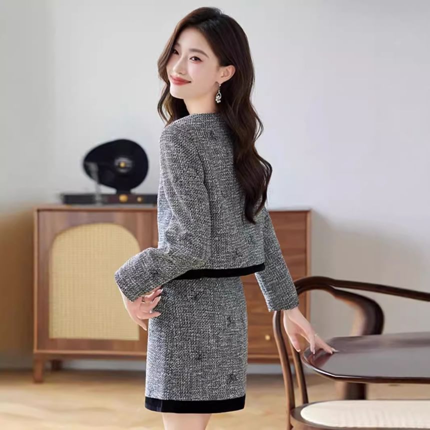 Set: Round Neck Tweed Button Jacket + High Waist Mini A-Line Skirt