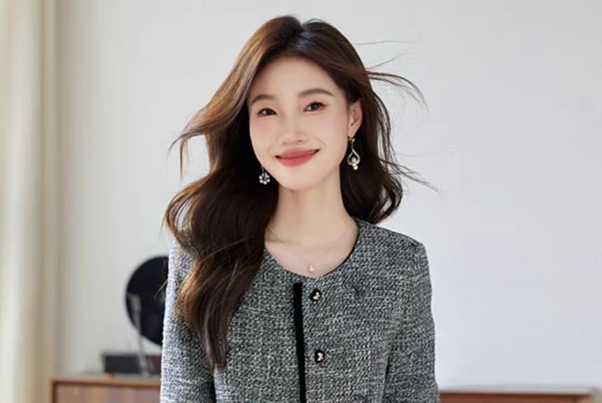 Set: Round Neck Tweed Button Jacket + High Waist Mini A-Line Skirt
