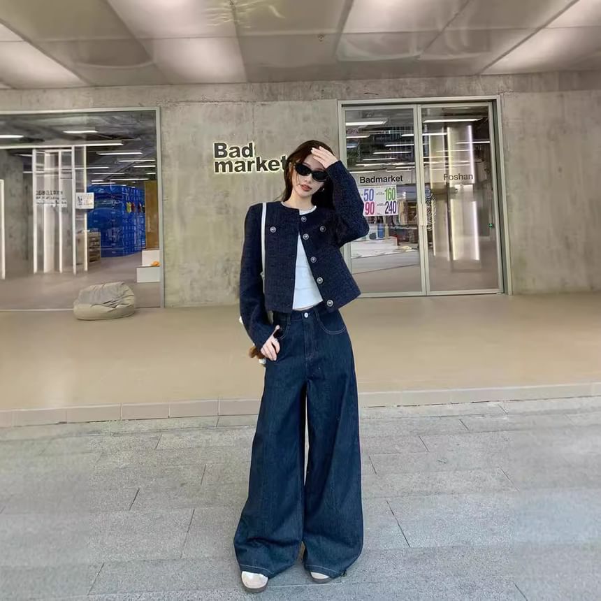 Round Neck Tweed Button Up Cropped Jacket