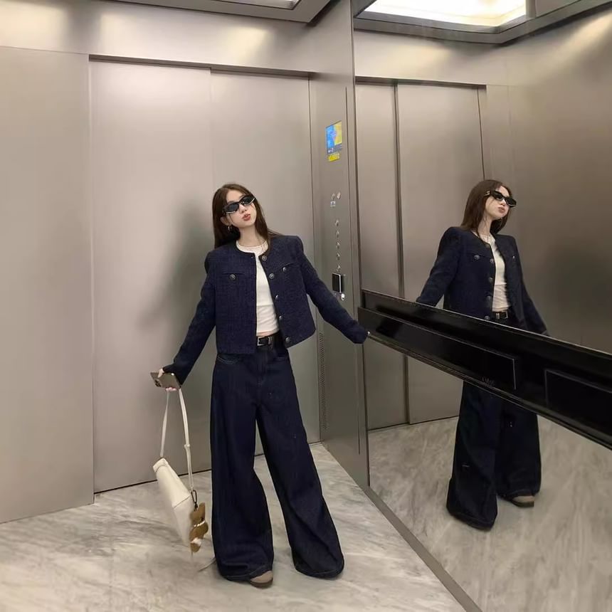 Round Neck Tweed Button Up Cropped Jacket