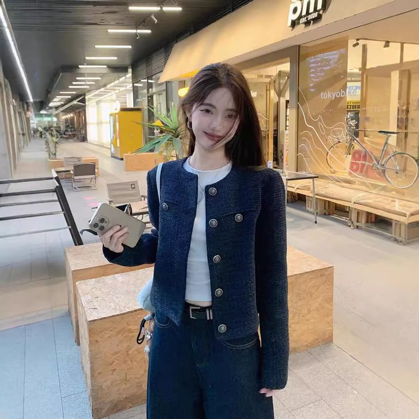 Round Neck Tweed Button Up Cropped Jacket