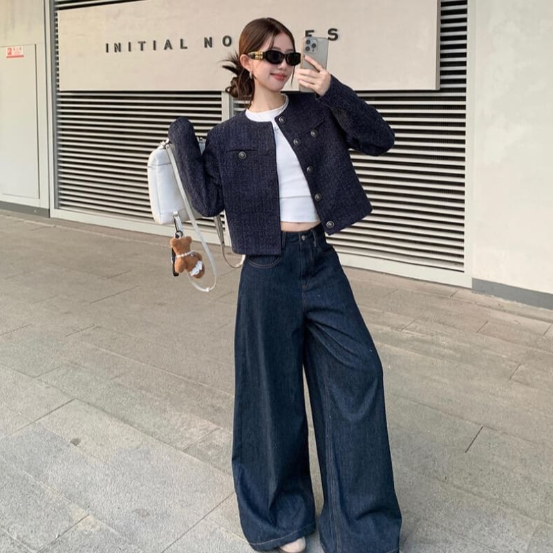 Round Neck Tweed Button Up Cropped Jacket