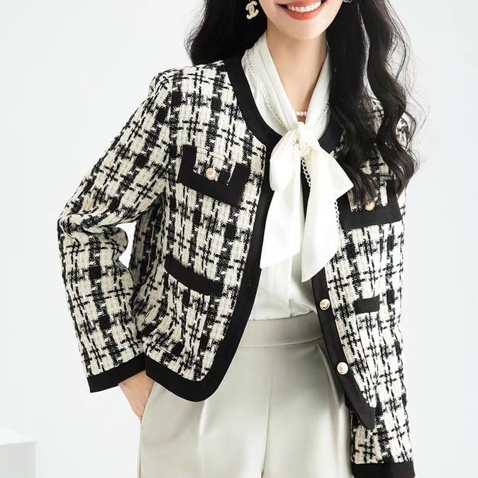 Round Neck Houndstooth Tweed Button Cropped Jacket