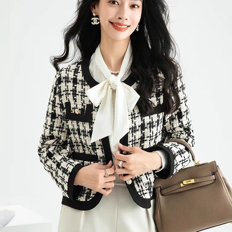 Round Neck Houndstooth Tweed Button Cropped Jacket