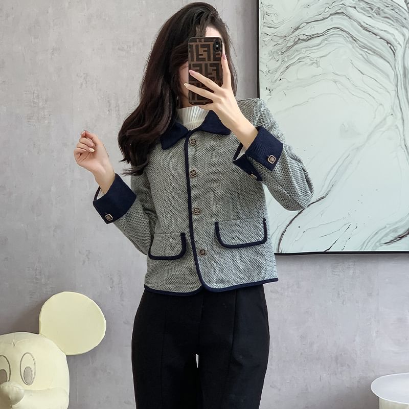 Lapel Collar Two Tone Button Cropped Tweed Jacket