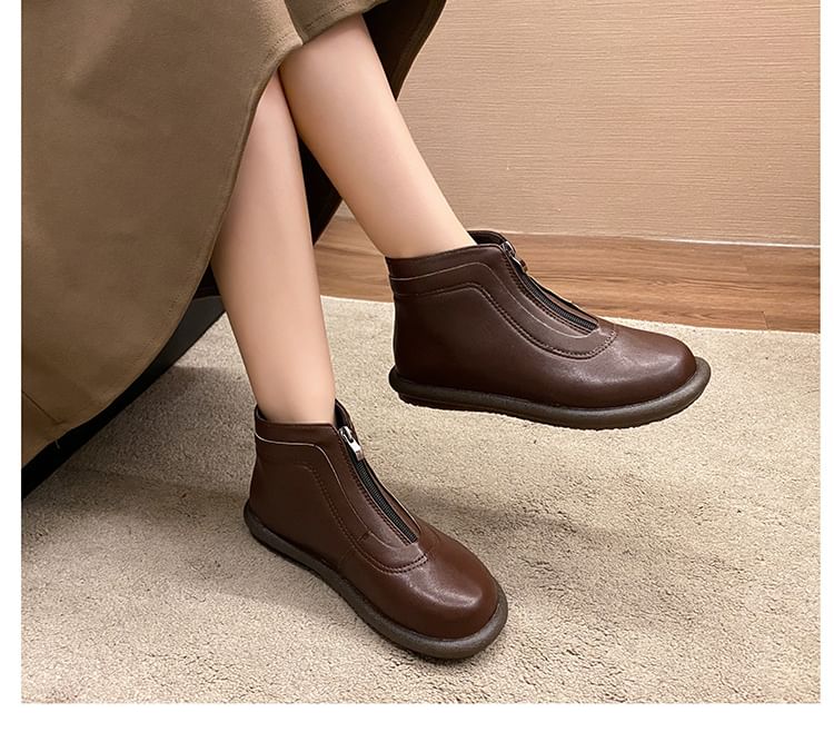 Faux Leather Zip-Up Plain Boots Short