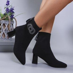 Heel Short Rhinestone Chunky Accent Socks Boots Pointed Toe