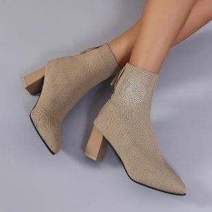 Heel Short Rhinestone Chunky Accent Socks Boots Pointed Toe