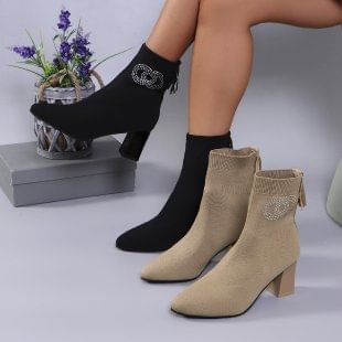 Heel Short Rhinestone Chunky Accent Socks Boots Pointed Toe