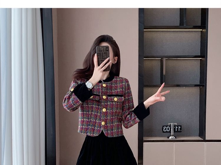 Round Neck Plaid Tweed Button Jacket / High Waist Plain Velvet Mini A-Line Skirt / Set