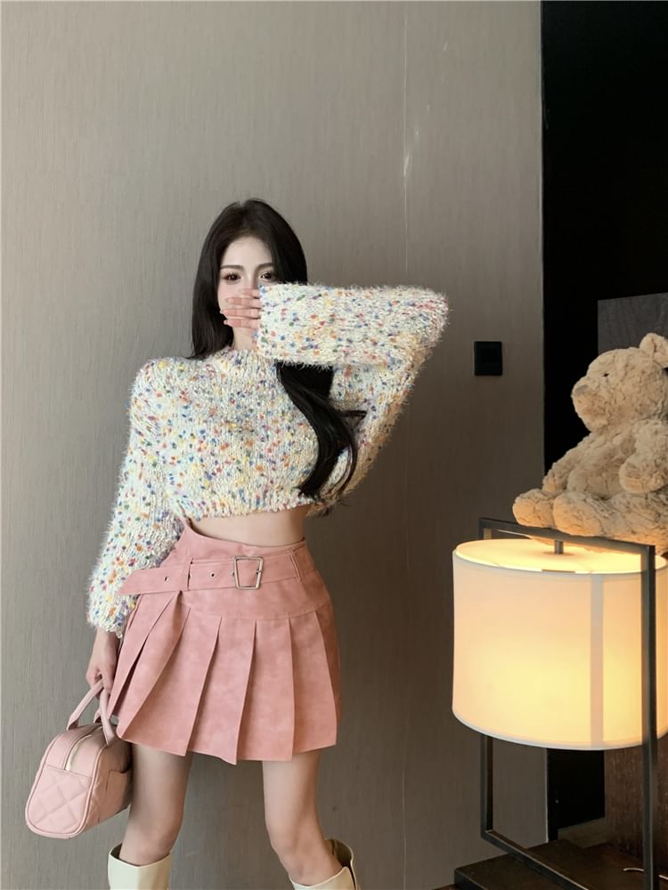 A-Line Pleated / Dotted Mock Sweater Cropped High Skirt Mini Rise Neck Washed