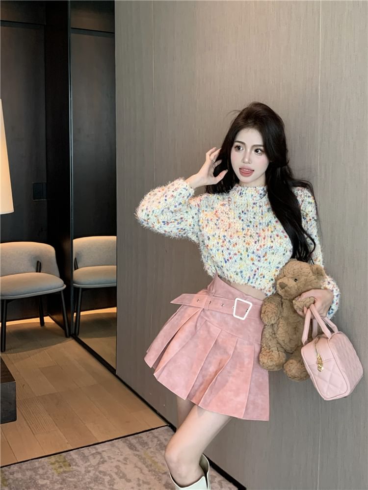 A-Line Pleated / Dotted Mock Sweater Cropped High Skirt Mini Rise Neck Washed