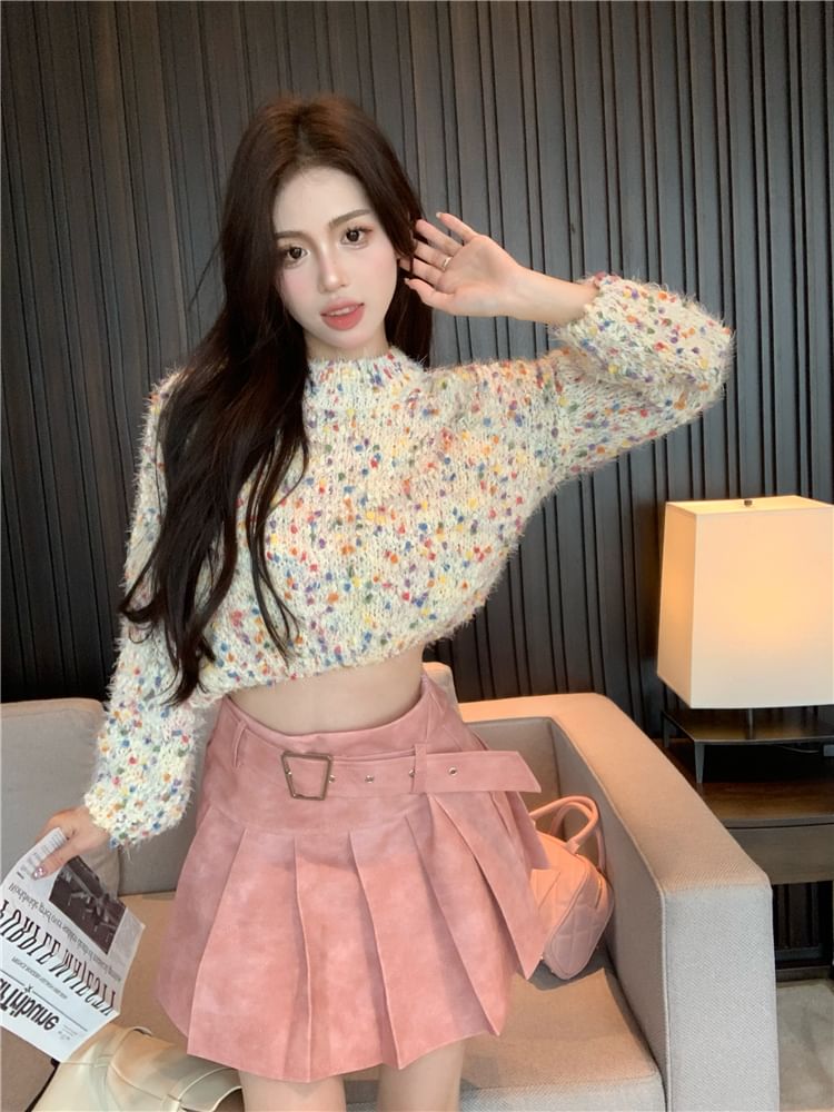 A-Line Pleated / Dotted Mock Sweater Cropped High Skirt Mini Rise Neck Washed