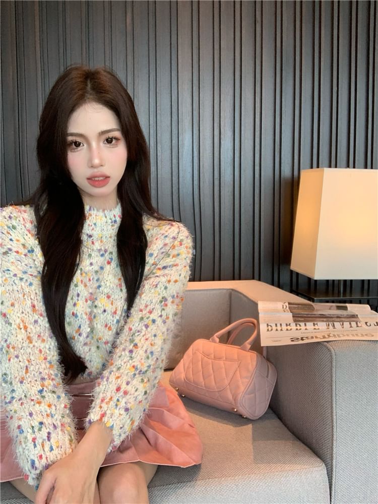 A-Line Pleated / Dotted Mock Sweater Cropped High Skirt Mini Rise Neck Washed