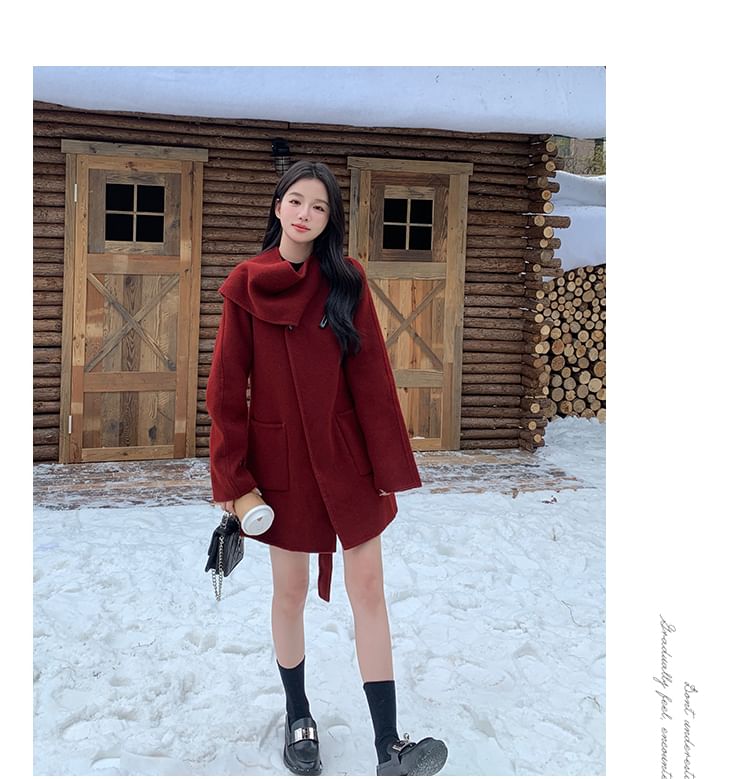 Mock Neck Wrapped Plain Long Coat