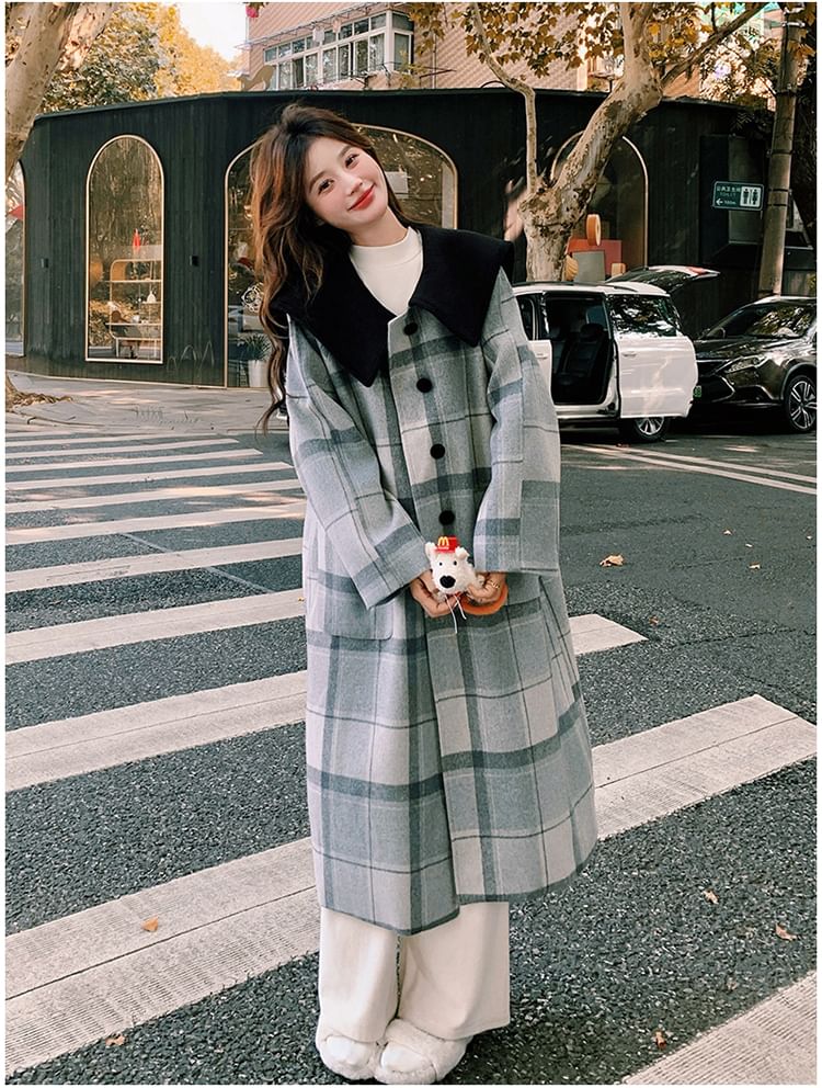 Collared Plaid Button-Up Long Coat