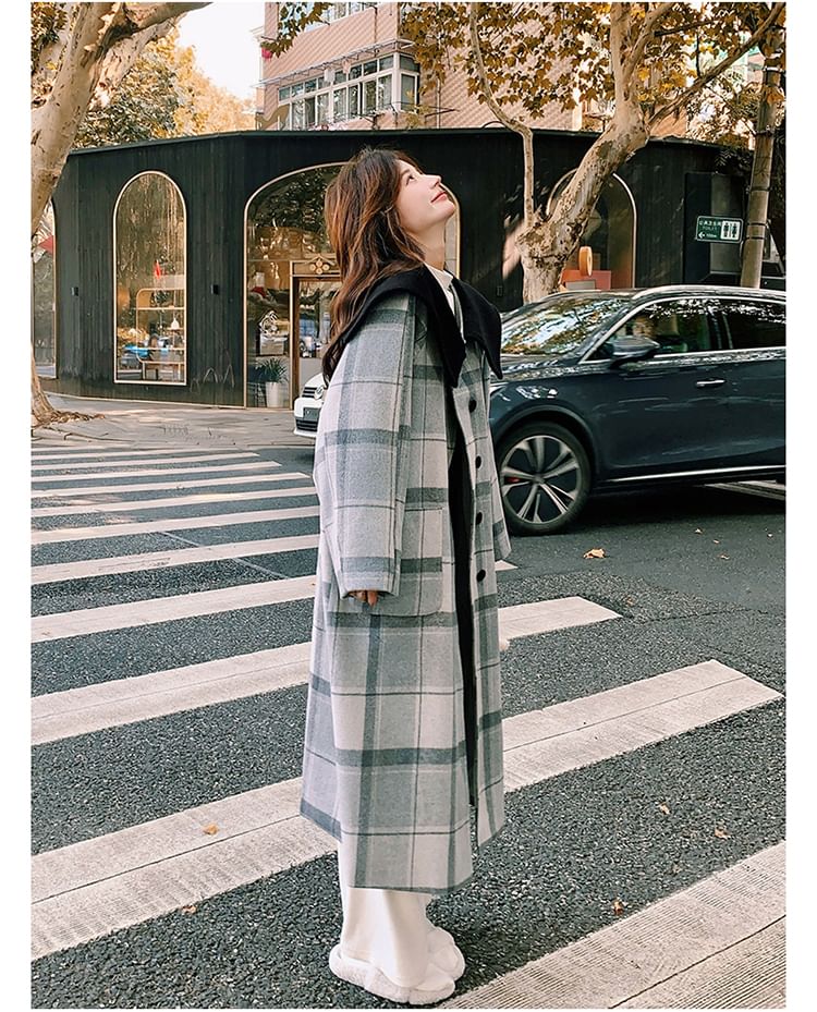Collared Plaid Button-Up Long Coat