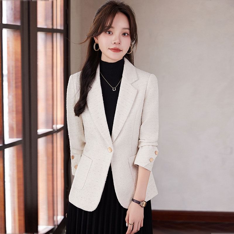 Lapel Collar Plain Tweed Single Button Blazer