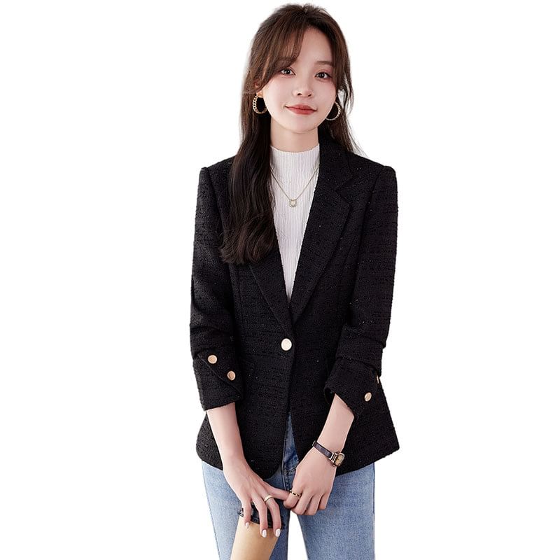 Lapel Collar Plain Tweed Single Button Blazer