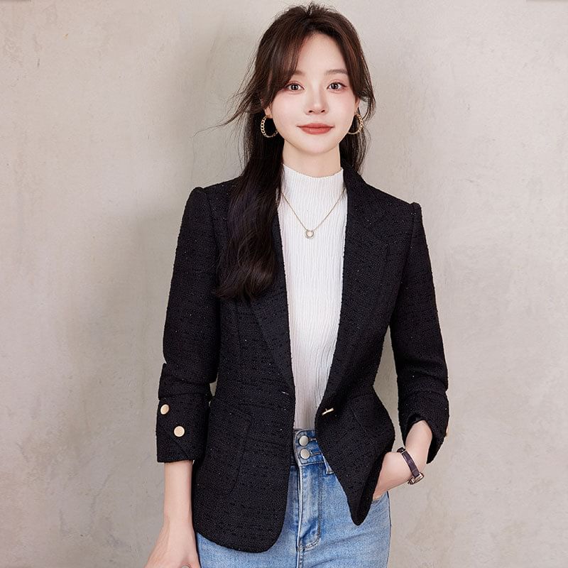 Lapel Collar Plain Tweed Single Button Blazer