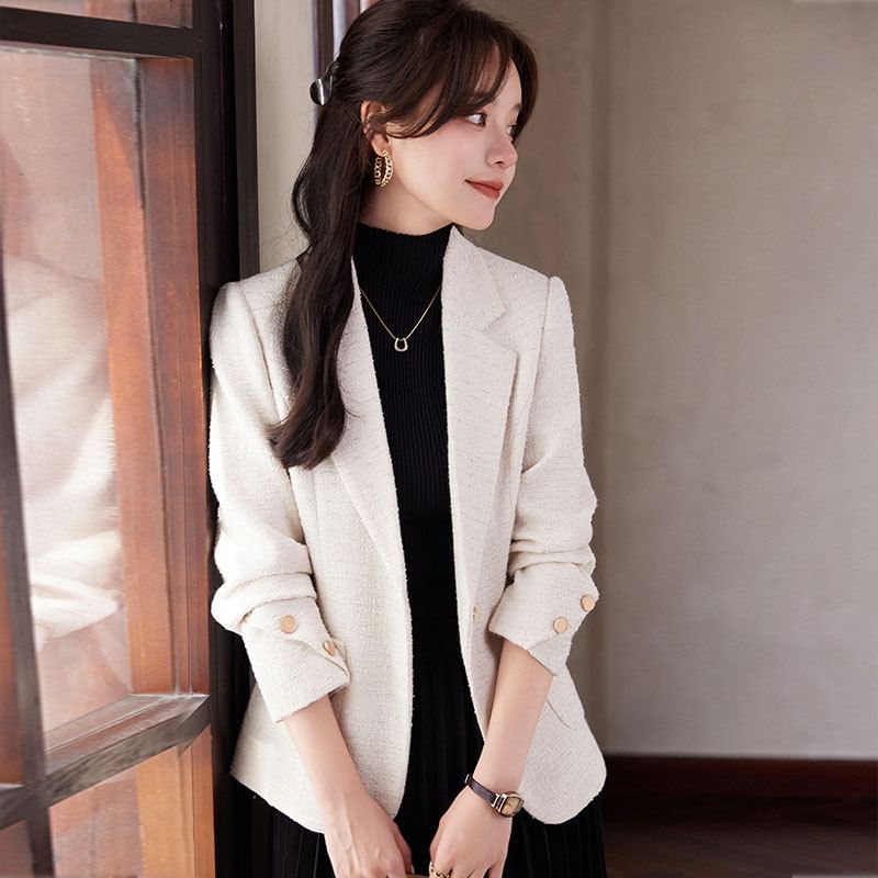 Lapel Collar Plain Tweed Single Button Blazer