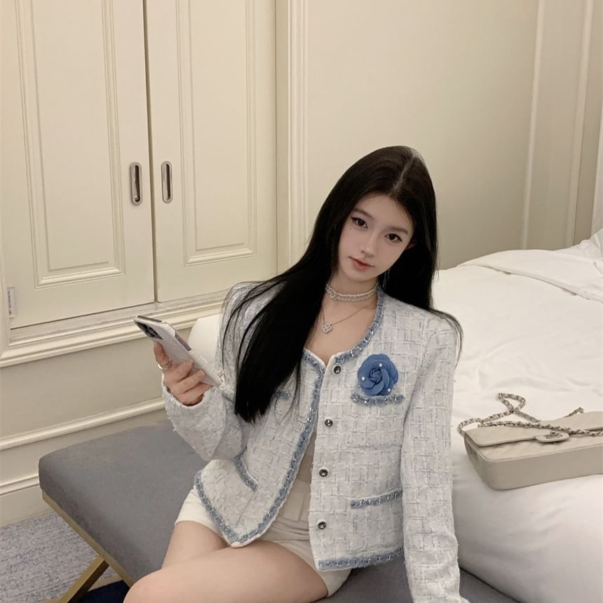 U-Neck Tweed Button-Up Crop Jacket