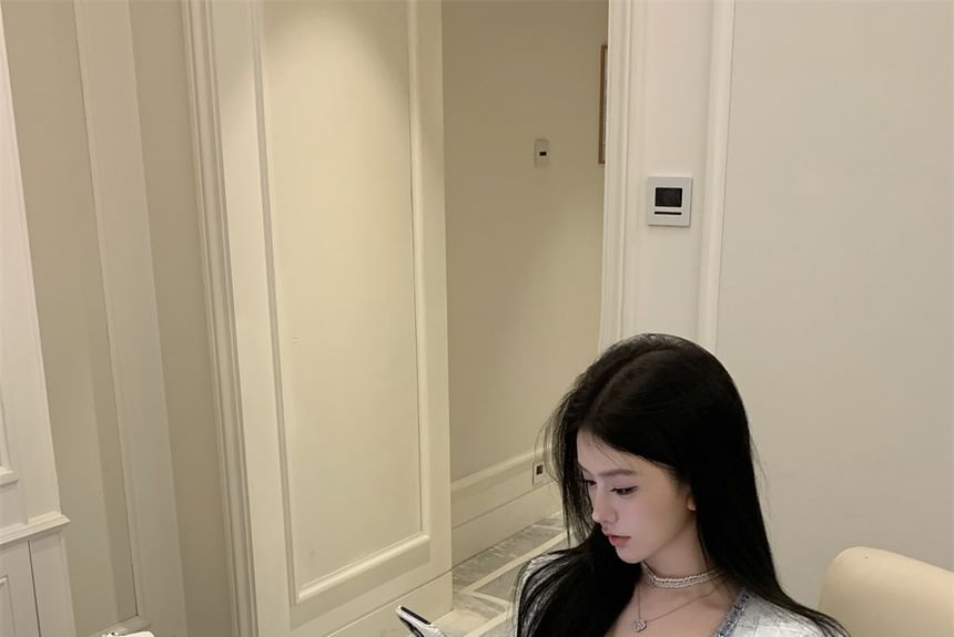 U-Neck Tweed Button-Up Crop Jacket