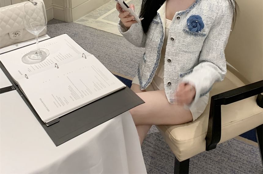 U-Neck Tweed Button-Up Crop Jacket