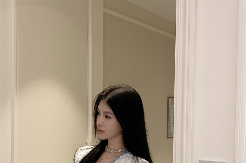 U-Neck Tweed Button-Up Crop Jacket