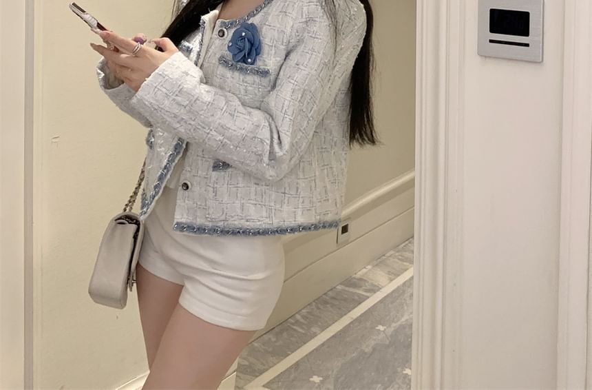 U-Neck Tweed Button-Up Crop Jacket