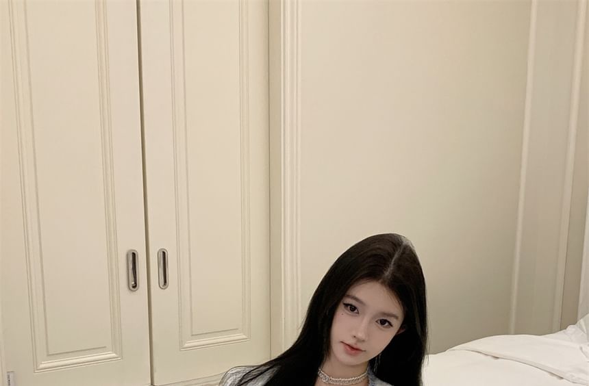 U-Neck Tweed Button-Up Crop Jacket