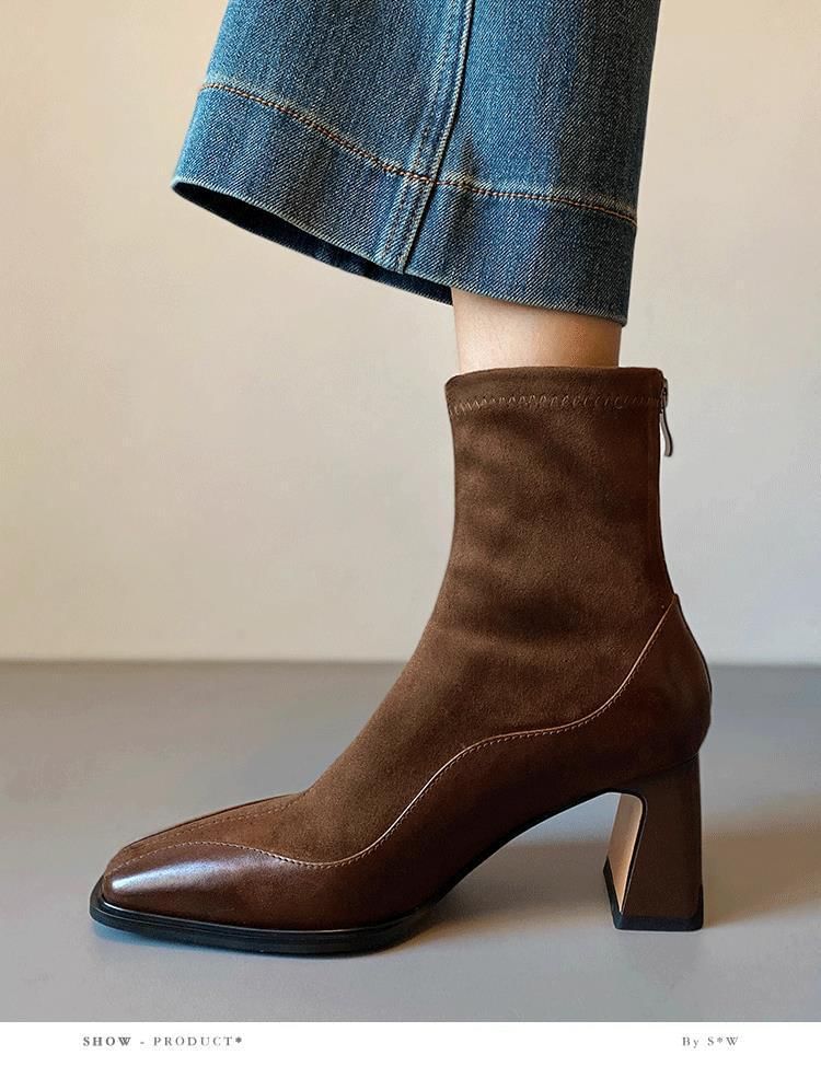 Boots Faux Block Heel Short Leather