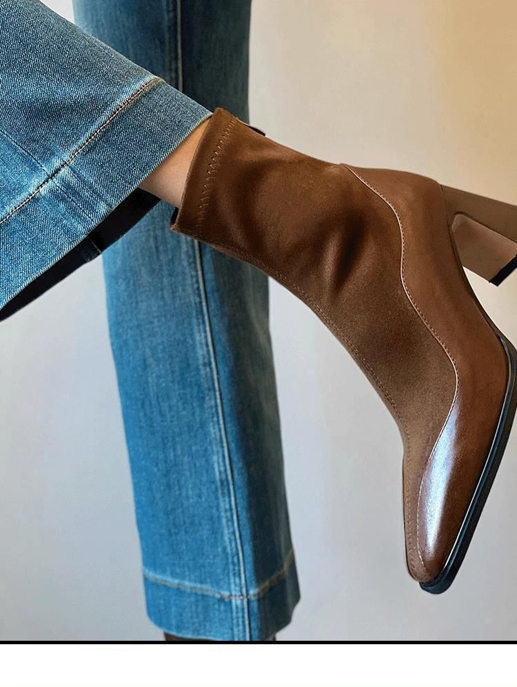 Boots Faux Block Heel Short Leather