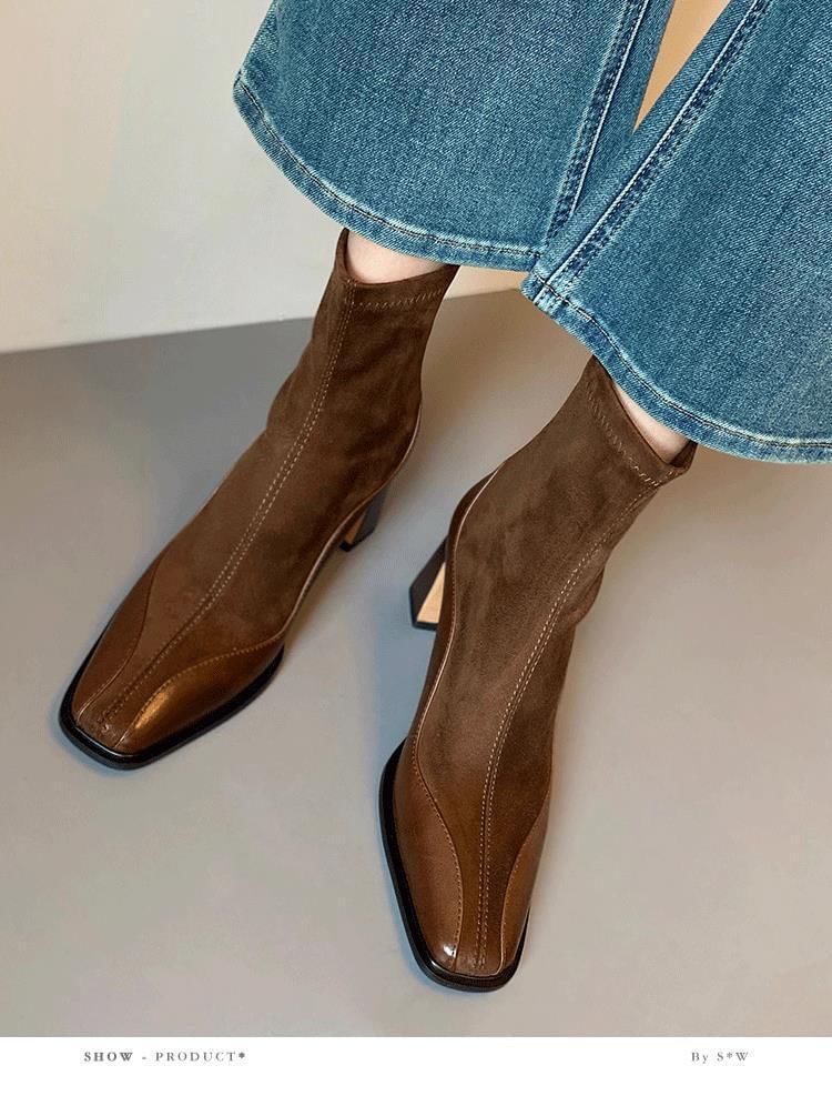 Boots Faux Block Heel Short Leather