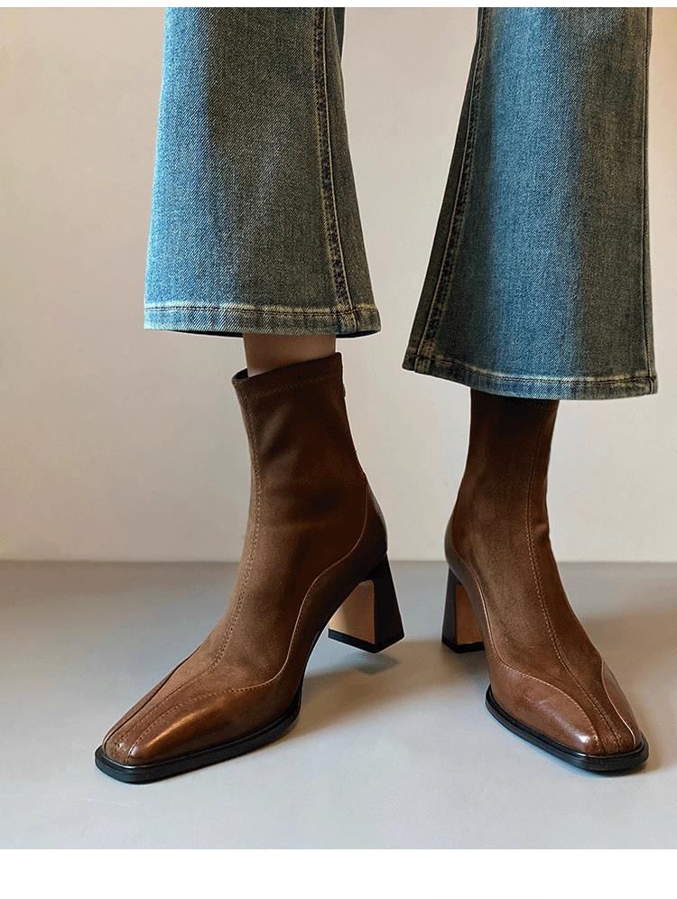 Boots Faux Block Heel Short Leather